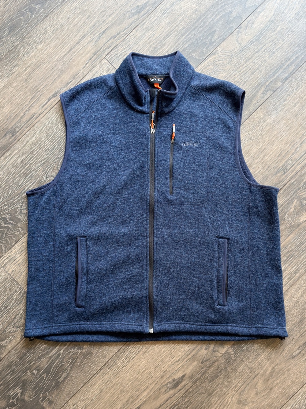 Orvis Men’s XXL Full Zip Sweater Fleece Vest Navy Blue Zip Pockets Outdoor